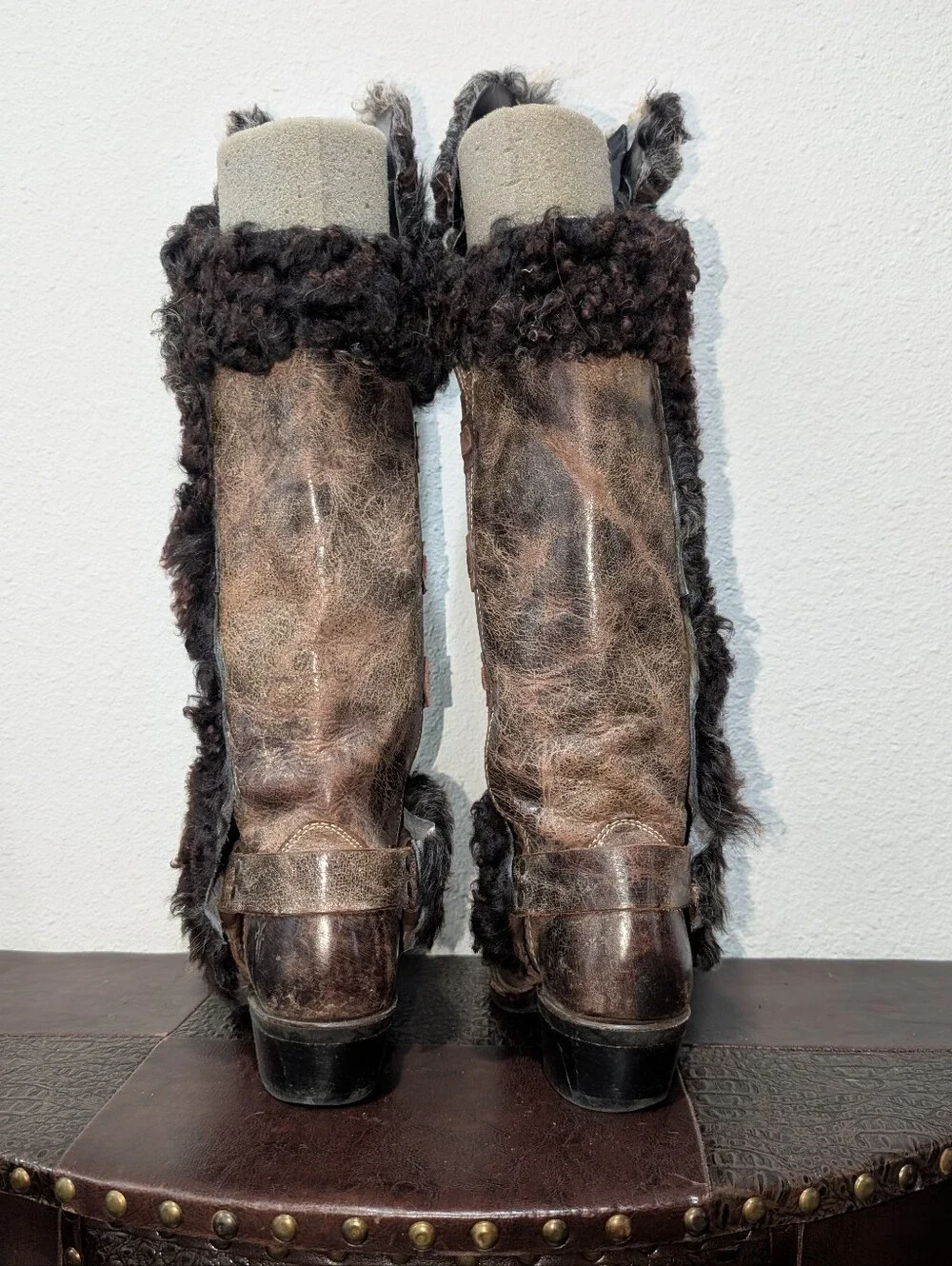 ​🔥FRYE One-of-a-Kind Custom Reworked 15R Tall Harness Boots Sheep Fur Burner 9